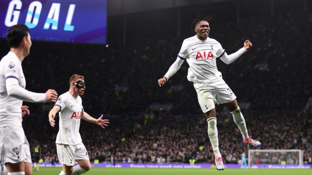 Destiny Udogie celebrates scoring for Tottenham against Newcastle in the Premier League