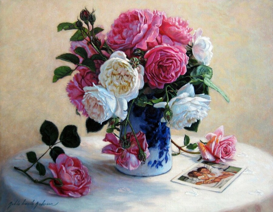 Pink and White Rose in Flo Blue Pitcher yapfiles.ru