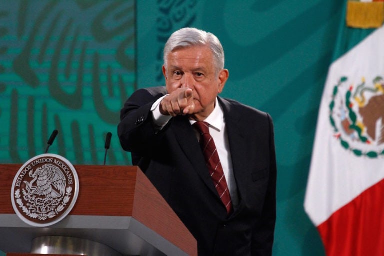 The President of Mexico, Andres Manuel López Obrador, points during a press conference, in Mexico City, 5 April 2021, Luis Barron / Eyepix Group/Barcroft Media via Getty Images