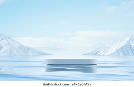 Elegant 3D Render of Podium on Water with Ocean and Ice Mountain Scenery for Cosmetic Product Display