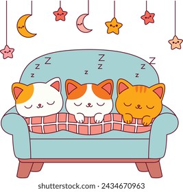 Three adorable cats are sleeping on a sofa illustration, isolated on white background. Doodle cartoon style.