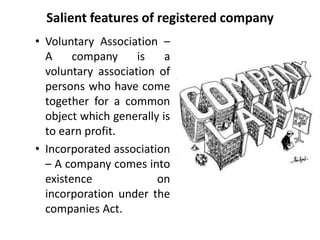 Salient features of registered company 
• Voluntary Association – 
A company is a 
voluntary association of 
persons who have come 
together for a common 
object which generally is 
to earn profit. 
• Incorporated association 
– A company comes into 
existence on 
incorporation under the 
companies Act. 
 