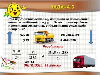 Для перевезення вантажу потрібно 20 автомашин
вантажопідйомністю 3,5 т. Замість них приїхали
п'ятитонні грузовики. Скільки таких грузовиків
потрібно?
3,5 т 20 машин
Розв’язання
205
5,3 х

ВІДПОВІДЬ: 14 машин
х =
5
205,3 
х= 14
5 т х машин
 