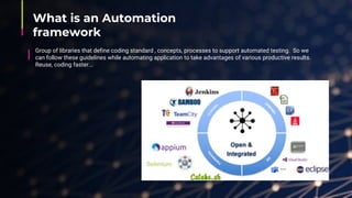 Group of libraries that define coding standard , concepts, processes to support automated testing. So we
can follow these guidelines while automating application to take advantages of various productive results.
Reuse, coding faster...
What is an Automation
framework
 