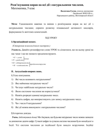 Розв’язування вправ на всі дії з натуральними числами.
Математика, 5 клас
Валентина Гусєва, учитель математики
Ласківської ЗОШ І-ІІІ ст.,
Народицького району, Житомирської області

Мета: Удосконалити навички та вміння з розв'язування вправ на всі дії з
натуральними числами; сприяти розвитку пізнавальної активності школярів,
формуванню їх життєвих компетенцій.
ХІД УРОКУ
I.Організаційний момент.
(Створення психологічного настрою.)
Учитель. Давайте розшифруємо слово УРОК та дізнаємося, що на цьому уроці на
нас чекає і що ви зможете продемонструвати.
∗У − успіх 
чекає
∗ Р − радість
∗ О − обдарованість
продемонструєте
∗ К − кмітливість 

II. Актуалізація опорних знань.
1.Усне опитування.
1) Які числа називають натуральними?
2) Яке найменше натуральне число?
3) Чи існує найбільше натуральне число?
4) Якою системою числення ми користуємося?
5) Назвіть розрядні одиниці натуральних чисел.
6) Назвіть цифри, що використовують для запису натуральних чисел.
7) Чи є число 0 натуральним?
8) Які дії можна виконувати з натуральними числами?
2.Історична довідка.
Учень. (підготувався дома) Ми з'ясували, що будь-яке натуральне число можна записати
за допомогою десяти цифр. Сучасні цифри та сучасна система числення були винайдені в
Індії. Усі системи числення до індійської були занадто незручними. Індійці

 