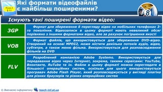 8
© Вивчаємо інформатику teach-inf.at.ua
Які формати відеофайлів
є найбільш поширеними?Розділ 4
§ 11
Існують такі поширені формати відео:
Формат для збереження й перегляду відео на мобільних телефонах 3-
го покоління. Відеозаписи в цьому форматі мають невеликий обсяг
порівняно з іншими форматами відео, але за рахунок погіршення якості
3GP
Формат файлів, що використовується для збереження DVD-відео.
Створений на основі MPEG2, може містити декілька потоків аудіо, відео,
субтитри, а також меню фільма. Використовується для розповсюдження
фільмів на DVD
VOB
Розроблений компанією Adobe Systems. Використовується для
передавання відео через Інтернет, зокрема, такими сервісами: YouTube,
Вконтакте, RuTube та ін. Файли в цьому форматі можна переглядати в
більшості операційних систем, оскільки для цього використовується
програвач Adobe Flash Player, який розповсюджується у вигляді плагіна
для різних браузерів та різних операційних систем
FLV
 