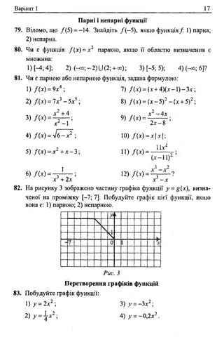 Варіант 1 17
Парні і непарні функції
79. Відомо, що /(5 ) = -14. Знайдіть / ( —5), якщо функція/. 1) парна;
2) непарна.
80. Чи є функція / ( х) = х2 парною, якщо її областю визначення є
множина:
1)[-4;4]; 2) (-«о;- 2 ) 11(2;+ ю); 3) [-5; 5); 4) (-ч»; 6]?
81. Чи є парною або непарною функція, задана формулою:
1) /( х ) = 9х4 ;
2) /(х ) = IXі - 5 х 5 ;
х 1 + 4
3) / ( х ) ~ ;
х - 1
7) Д * ) = (х + 4 )(х -1 )-3 х ;
8) /( х ) = (х -5 )2 - ( х + 5)2;
9) /( * ) =
х2 - 4 х
4) Д х ) = 4 в - 7 ;
5 ) / ( х ) = х 2 + * - 3 ;
6 ) Д х ) = - ^ — ;
X і + 2.x
2 х - 8
10) /(х ) = х |х |;
11) / « = -
1 1 л 2
( * - 1 1 ) “
„2
1 2 ) / ( * ) = - — - ?
X - X
82. На рисунку 3 зображено частину графіка функції = £(х), визна­
ченої на проміжку [-7; 7]. Побудуйте графік цієї функції, якщо
вона є: 1) парною; 2) непарною.
Р и с . З
Перетворення графіків функцій
83. Побудуйте графік функції:
1) _у= 2х2 ;
2 ) У = ^ х 2 ;
3 ) у = - З х 2 ;
4 ) у = - 0 , 2 х 2 .
 