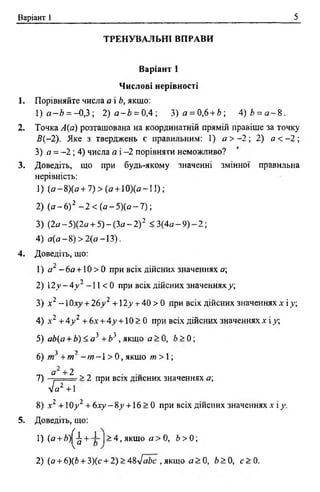 Варіант 1 5
ТРЕНУВАЛЬНІ ВПРАВИ
Варіант 1
Числові нерівності
1. Порівняйте числа я і Ь, якщо:
1) я - й = -0 ,3 ; 2) а - і = 0,4; 3 ) а = 0,6 + 6 ; 4 ) Ь = а -& .
2. Точка А(а) розташована на координатній прямій правіше за точку
В{-2). Яке з тверджень е правильним: 1) а > -2 ; 2) а < -2 ;
3) я = -2 ; 4) числа а і -2 порівняти неможливо?
3. Доведіть, що при будь-якому значенні змінної правильна
нерівність:
1) ( я - 8)(я + 7 )> (я + 10)(я-11);
2) ( я - 6 )2 - 2 < (я —5 )(я -7 );
3) {2а - 5)(2я + 5) - (За - 2) 2 < 3 (4 я - 9 ) - 2 ;
4) а (а -8 )> 2 (о -1 3 ).
4. Доведіть, що:
1) я - 6я + 10 > О при всіх дійсних значеннях я;
2) 12„у-4у2 -1 1 < 0 при всіх дійсних значеннях у;
3) х 2 -1 Оху + 26>>2 + 2у + 40 > 0 при всіх дійсних значеннях х іу;
4) х 2 + 4у 2 + 6.-+ 4у +10 > 0 при всіх дійсних значеннях а- і у;
5) аЬ{а + Ь)< а} + £>3 , якщо а > О, Ь > 0;
Я 2
6) т +т - т -  > 0 , якщо т > 1;
о + 2 _
7) ■.---------> 2 при всіх дшсних значеннях я;
4 а г +1
8) х 2 + 10у 2 + 6ху - 8у +16 > 0 при всіх дійсних значеннях х і у.
5. Доведіть, що:
1) (я +Л ) ^ + > 4, якщо а > О, Ь > 0;
2) (я + 6)(6 + 3)(с + 2) > 48л/оЬс , якщо д > 0, й > 0, с > 0.
 