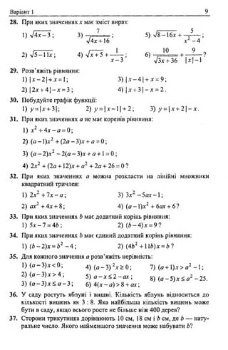 Варіант 1 9
28. При яких значеннях х має зміст вираз:
1) уі4х - 3 ; 3 ) - 7Л = ; 5) л/8 -1 6 х + -= ^ — ;
л/4х+ 16 х - 4
2) 7 5 -1 1 * ; 4) л/ГТ? + — ; 6) ■- ^ 1 = . - + - і - ?
* - 3 уі3х + 36 |* |- 1
29. Розв’яжіть рівняння:
1) | х - 2 | + .х= 1; 3) | * - 4 1+ х = 9;
2) 12* + 4 1- * = 3 ; 4 ) |х + 3 |- л : = 2.
30. Побудуйте графік функції:
1) у = |х + 3 |; 2) у =  х -   + 2; 3) у =  х + 2  - х .
31. При яких значеннях а не має коренів рівняння:
1) * 2 + 4 х - о = 0;
2) (а - 1)х2 + (2а - 3)* + а = 0 ;
3) (а —2)х2 - 2(а - 3)л: + а +1 = 0 ;
4) 2х2 +(2а + 2 ) х + а 2 +2а + 26 = 0?
32. При яких значеннях а можна розкласти на лінійні множники
квадратний тричлен:
1) 2х2 + 1 х - а ; 3) Зх2 —5ах —1;
2) ах2 + 4х + 8 ; 4) (а - 1)* 2 + 6ах + 6 ?
33. При яких значеннях Ь має додатний корінь рівняння:
1) 5 х - 1 = 4Ь ; 2 ) ( Ь - 4 ) х = 97
34. При яких значеннях Ь має єдиний додатний корінь рівняння:
1) ( Ь - 2 ) х = Ь2 - 4 ; 2) {4Ьг + Ь)х = Ь1
35. Для кожного значення а розв’яжіть нерівність:
1 ) ( а - 3 ) х < 0 ; 4) ( а - 3) 2* > 0 ; 7) (а + 1).ї> а2 - 1 ;
2) (а - 3) х > 4 ; 5 ) а - х < 2 - а х ; 8) ( а - 5 ) х < а2 -2 5 .
3) (а - 3) х < а - 3; 6) 4(х - а) > 8 + а х ;
36. У саду ростуть яблуні і вишні. Кількість яблунь відноситься до
кількості вишень як 3 :8 . Яка найбільша кількість вишень може
бути в саду, якщо всього росте не більше ніж 400 дерев?
37. Сторони трикутника дорівнюють 10 см, 18 см і Ь см, де і? — нату­
ральне число. Якого найменшого значення може набувати Ь1
 