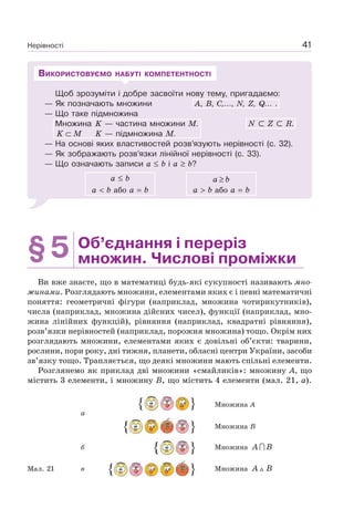 Нерівності 41
Щоб зрозуміти і добре засвоїти нову тему, пригадаємо:
— Як позначають множини А, В, С,…, N, Z, Q… .
— Що таке підмножина
Множина K — частина множини М. N Z R.
K M⊂ K — підмножина М.
— На основі яких властивостей розв’язують нерівності (с. 32).
— Як зображають розв’язки лінійної нерівності (с. 33).
— Що означають записи а b і а b?
а b a b≥
а b або а b а b або а b
ВИКОРИСТОВУЄМО НАБУТІ КОМПЕТЕНТНОСТІ
§5 Об’єднання і переріз
множин. Числові проміжки
Ви вже знаєте, що в математиці будь-які сукупності називають мно-
жинами. Розглядають множини, елементами яких є і певні математичні
поняття: геометричні фігури (наприклад, множина чотирикутників),
числа (наприклад, множина дійсних чисел), функції (наприклад, мно-
жина лінійних функцій), рівняння (наприклад, квадратні рівняння),
розв’язки нерівностей (наприклад, порожня множина) тощо. Окрім них
розглядають множини, елементами яких є довільні об’єкти: тварини,
рослини, пори року, дні тижня, планети, обласні центри України, засоби
зв’язку тощо. Трапляється, що деякі множини мають спільні елементи.
Розглянемо як приклад дві множини «смайликів»: множину А, що
містить 3 елементи, і множину В, що містить 4 елементи (мал. 21, а).
Множина A
а
Множина B
б Множина A B
Мал. 21 в Множина A B
 