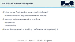 The MainIssue on theTestingSide
• Performance Engineering teams don’t scale well
• Even assuming that they are competent and effective
• Increased volume exposes the problem
• Early testing
• Each iteration
• Remedies: automation, making performance everyone’s job
 