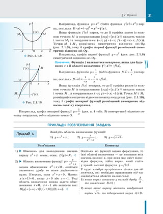 § 2. Функції
Наприклад,	 функція	 y x
= 2
	 (тобто	 функ	
ція	 f x x
( )= 2
)	 пар­
на,	оскільки	 f x = x = x = f x
− −
( ) ( ) ( )
2 2
.
Якщо	 функція	 f x
( ) 	 парна,	 то	 до	 її	 графіка	 разом	 із	 кож­
ною	точкою	M	із	координатами	 x y x f x
; ;
( )= ( )
( )	входить	також	
і	точка	M1	 із	 координатами	 (-	x;	y)	=	(-	x;	f	(-	x))	=	(-	x;	f	(x)).	
Точки	 M	 і	 M1	 розміщені	 симетрично	 відносно	 осі	 Oy	
(рис.	2.1.9),	 тому	 й	графік парної функції	 розміщений симе-
трично відносно осі Oy.
Наприклад,	 графік	 парної	 функції	 y x
= 2
	 (див.	 рис.	2.1.8)	
симетричний	відносно	осі	Oy.
Означення. Функція f називається непарною, якщо для будь-
якого x з її області визначення f x = f x
−
( ) − ( ).
Наприклад,	функція	 y
x
=
1
	(тобто	функція	 f x
x
( )=
1
)	непар­
на,	оскільки	 f x = = = f x
x x
− − −
−
( ) ( )
1 1
.	
Якщо	функція	 f x
( ) 	непарна,	то	до	її	графіка	разом	із	кож­
ною	точкою	M	із	координатами	 x y x f x
; ;
( )= ( )
( )	входить	також	
і	точка	M1	із	координатами	(-	x;	y) =	(-	x;	-	f	(	x)).	Точки	M	і	 M1 	
розміщені	симетрично	відносно	початку	координат	(рис.	2.1.10),	
тому	 й	графік непарної функції розміщений симетрично від-
носно початку координат.
-x	 0	 x	 x
y
f	(x)
M
M1
¡
¡Рис.	2.1.9
¡
¡Рис.	2.1.10
0	 x	 x
-x
y
-f	(x)
f	(x) M
M1
ПРИКЛАДИ РОЗВ’ЯЗУВАННЯ ЗАВДАНЬ
Знайдіть	 область	 визначення	 функції:
1)	 y x x
= +
2
;	 2)	 y
x
x x
=
+
2
;	 3)	 y x
= +5 .
Розв’язання Коментар
1)	  Обмежень	 для	 знаходження	 значень	
виразу	 x x
2
+ 	 немає,	 отже,	 D y
( )= R .	 
2)	 	 Область	 визначення	 функції	 y
x
x x
=
+
2
	
задана	 обмеженням	 x x
2
0
+ ≠ ,	 оскільки	
знаменник	 дробу	 не	 може	 дорівнювати	
нулю.	 З’ясуємо,	 коли	 x x
2
0
+ = .	 Маємо:	
x x +
( )=
1 0 ,	 якщо	 x = 0 	 або	 x = −1 .	 Тоді	
область	 визначення	 можна	 задати	 обме­
женнями	 x ≠ 0 ,	 x ≠ −1 	 або	 записати	 так:	
D y
( )= −∞ −
( ) −
( ) +∞
( )
; ; ;
1 1 0 0
∪ ∪ .	 
Оскільки	 всі	 функції	 задано	 формулами,	 то	
їхні	 області	 визначення	 —	 це	 множини	 всіх	
значень	змінної	 x,	при	яких	має	зміст	відпо­
відна	 формула,	 тобто	 вираз,	 який	 стоїть	
у	 правій	 частині	 формули	 y f x
= ( ) .
У	 курсі	 алгебри	 зустрічалися	 тільки	 два	 об-
меження,	 які	 необхідно	 враховувати	 під час
знаходження області визначення:
1)	 	
якщо вираз записано у вигляді дробу
A
B
,
то знаменник B ≠ 0 ;
2)	 	
якщо запис виразу містить квадратний
корінь A , то підкореневий	 вираз	 A 0 .
Приклад 1
Наприклад,	графік	непарної	функції	 y
x
=
1
	(див.	п.	4	табл.	3)	симетричний	відносно	по­
чатку	координат,	тобто	відносно	точки	O.
21
 