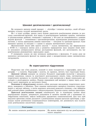 3
Шановні десятикласники і десятикласниці!
Ви починаєте вивчати новий предмет — «Алгебра і початки аналізу», який об’єднує
матеріал кількох галузей математичної науки.
Як і в курсі алгебри, значну увагу будемо приділяти розв’язуванню рівнянь та роз-
гляду властивостей функцій. Але поряд із розв’язуванням знайомих завдань, пов’язаних
із раціональними дробами, степенями і коренями, у 10 класі ви познайомитеся з новими
видами функцій — степеневими і тригонометричними, відповідними рівняннями й нерів-
ностями, а також принципово новими поняттями  — похідною та границею функції. Саме
вивчення границі та похідної і є одним із завдань математичного аналізу.
Математичний аналіз (або просто аналіз) — галузь математики, що сформувалася
у  XVIII ст. і відіграла значну роль у розвитку природничих наук зав­
дяки появі ново-
го потужного універсального методу дослідження функцій, які застосовують під час
розв’язування різноманітних прикладних задач.
У попередніх класах ви вже починали знайомитися з функцією. У цьому році ви
навчитеся досліджувати функції на новому рівні з використанням нових математичних
інструментів.
Як користуватися підручником
Підручник має п’ять розділів, кожний із яких складається з параграфів, деякі па-
раграфи — з пунктів. Параграфи і пункти, як правило, містять такі структурні блоки.
Довідкові таблиці наведені на початку більшості параграфів (пунктів) і вміщують
основні означення, ознаки та властивості розглядуваних понять теми, систематизацію
теоретичного матеріалу та способів діяльності з цим матеріалом у  формі спеціальних орі-
єнтирів із розв’язування завдань. Радимо опрацювати цей матеріал у першу чергу, а  вже
після цього переходити до наступного блоку.
Пояснення й обґрунтування являють собою докладне викладення теоретичного мате-
ріалу, наведеного в таблицях. Таке подання навчального матеріалу (спочатку структуро-
ваного у вигляді таблиць, а потім описаного детально) дозволить кожному з вас вибирати
свій власний рівень ознайомлення з обґрунтуваннями, будуючи власну освітню траєкторію.
Приклади розв’язування завдань ознайомлять вас із основними ідеями щодо
розв’язування завдань, допоможуть усвідомити й засвоїти способи дій з основними ал-
гебраїчними поняттями, набути необхідних предметних компетентностей. Для того щоб
виділити орієнтовні основи діяльності з розв’язування завдань (загальні орієнтири), у при-
кладах власне розв’язання супроводжуються коментарями, які допоможуть вам скласти
план розв’язування аналогічних завдань.
Розв’язання Коментар
Як можна записати розв’язання завдання Як можна міркувати під час роз­
в’я­
зу­
вання
такого завдання
 