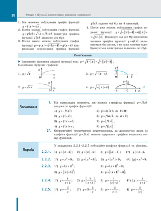 Розділ 1. Функції, многочлени, рівняння і нерівності
1.  Ми можемо побудувати графік функції
y f x x
= ( )= .
2.  Потім можна побудувати графік функції
y g x x f x
= ( )= − = −
( ) (симетрія графіка
фун­
кції f x
( ) відносно осі  Oy).
3.  Після цього можна побудувати графік
функції y x x g x
= ( )= − −
( ) = −
( )
ϕ 4 4 (па­
ралельне перенесення графіка функції
g x
( ) уздовж осі  Ox на 4  одиниці).
4.  Потім уже можна побудувати графік за­
даної функції y x x x
= − −
( ) = ( )= −
4 4
ϕ
y x x x
= − −
( ) = ( )= −
4 4
ϕ (пра­
воруч від осі  Oy відповідна
частина графіка функції y x
= ( )
ϕ зали­
шається без зміни, і  та сама частина відо­
бражується симетрично відносно осі  Oy).
Розв’язання
 Запишемо рівняння заданої функції так: y x x
= − = − −
( )
4 4 .
Послідовно будуємо графіки:
1. y x
= 	
0	 x
y
	 3. y x
= − −
( )
4 	
0	 4	 x
y
2
2. y x
= − 	
0	 x
y
	 4. y x
= − −
( )
4 	
-4	 0	 4	 x
y 2
  
  1.	 На прикладах поясніть, як можна з графіка функції y f x
= ( )
одержати графік функції:
1) y f x
= − ( );	 5) y kf x
= ( ), де k  0 ;
2) y f x
= −
( );	 6) y f x
= ( )
α , де α  0 ;
3) y f x a
= −
( );	 7) y f x
= ( ) ;
4) y f x c
= ( )+ ;	 8) y f x
= ( ).
  2*.	 Обґрунтуйте геометричні перетворення, за допомогою яких із
графіка функції y f x
= ( ) можна одержати графіки вказаних ви­
ще функцій.
У завданнях 2.2.1–2.2.7 побудуйте графіки функцій та рівнянь.
2.2.1.	 1)  y x
= −5 ;	 2)  y x
= −5;	 3)  y x
= −5 ;	 4*)  y x
= −5.
2.2.2.	 1°)  y x
= −
2
9 ;	 2)  y x
= −
2
9 ;	 3)  y x
= −
2
9 ;	 4*)  y x
= −
2
9.
2.2.3.	 1°)  y x
= +
( )
1
2
;	 3)  y x
= +
( ) −
1 3
2
;
2)  y x
= +
( )
1
2
;	 4)  y x
= +
( ) −
1 3
2
.
2.2.4.	 1°)  y
x
=
+
1
2
;	 2)  y
x
=
+
1
2
;	 3)  y
x
=
+
1
2
;	 4*)  y
x
=
+
1
2
..
2.2.5.	 1°)  y
x
= −
2
;	 2°)  y
x
= −
3
2
;	 3)  y
x
= −
−
2
1
;	 4)  y
x
= −
2
.
Запитання
Вправи
30
 
