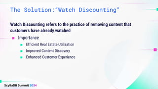 The Solution:“Watch Discounting”
Watch Discounting refers to the practice of removing content that
customers have already watched
■ Importance
■ Efficient Real Estate Utilization
■ Improved Content Discovery
■ Enhanced Customer Experience
 