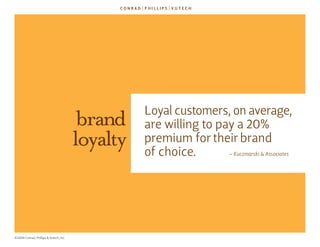 loyal customers, on average,
                                         brand    are willing to pay a 20%
                                        loyalty   premium for their brand
                                                  of choice.       ~ Kuczmarski & Associates




©2009 Conrad, Phillips & Vutech, Inc.
 