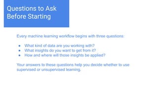 Challenges deep-dive
Machine learning teaches computers to do what comes naturally to
humans and animals: learn from experience. Machine learning
algorithms use computational methods to “learn” information directly
from data without relying on a predetermined equation as a model.
The algorithms adaptively improve their performance as the number
of samples available for learning increases.
Questions to Ask
Before Starting
Every machine learning workflow begins with three questions:
● What kind of data are you working with?
● What insights do you want to get from it?
● How and where will those insights be applied?
Your answers to these questions help you decide whether to use
supervised or unsupervised learning.
 