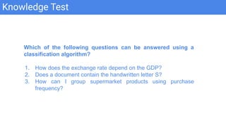 Knowledge Test
Which of the following questions can be answered using a
classification algorithm?
1. How does the exchange rate depend on the GDP?
2. Does a document contain the handwritten letter S?
3. How can I group supermarket products using purchase
frequency?
 