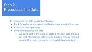 Challenges deep-dive
Machine learning teaches computers to do what comes naturally to
humans and animals: learn from experience. Machine learning
algorithms use computational methods to “learn” information directly
from data without relying on a predetermined equation as a model.
The algorithms adaptively improve their performance as the number
of samples available for learning increases.
Step 2 -
Preprocess the Data
To preprocess the data we do the following:
● Look for outliers–data points that lie outside the rest of the data
● Check for missing values
● Divide the data into two sets
○ We save part of the data for testing (the test set) and use
the rest (the training set) to build models. This is referred
to as holdout, and is a useful cross-validation technique
 