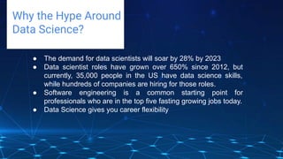 Challenges deep-dive
Why the Hype Around
Data Science?
● The demand for data scientists will soar by 28% by 2023
● Data scientist roles have grown over 650% since 2012, but
currently, 35,000 people in the US have data science skills,
while hundreds of companies are hiring for those roles.
● Software engineering is a common starting point for
professionals who are in the top five fasting growing jobs today.
● Data Science gives you career flexibility
 