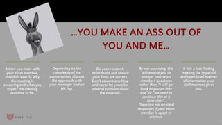 Before you meet with
your team member,
establish exactly why
the meeting is
occurring and what you
expect the meeting
outcome to be.
11
Depending on the
complexity of the
conversation, discuss
the approach with
your manager and an
HR rep.
Do your research
beforehand and ensure
your facts are correct.
Don’t assume anything
and never let yours (or
other’s) opinions cloud
the situation.
By not assuming, this
will enable you to
answer your team
members questions
rather than “I will get
back to you on that
one” or “we need to
continue this at a
later date”.
These are not an ideal
responses if your team
member is upset or
anxious.
If it is a fact-finding
meeting, be impartial
and open to all manner
of information your
staff member gives
you. 
…YOU MAKE AN ASS OUT OF
YOU AND ME…
 