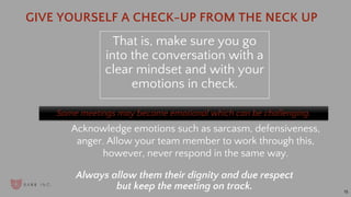 15
Some meetings may become emotional which can be challenging.
That is, make sure you go
into the conversation with a
clear mindset and with your
emotions in check.
GIVE YOURSELF A CHECK-UP FROM THE NECK UP
Always allow them their dignity and due respect
but keep the meeting on track.
Acknowledge emotions such as sarcasm, defensiveness,
anger. Allow your team member to work through this,
however, never respond in the same way.
 