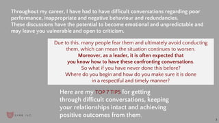 3
Here are my TOP 7 TIPS for getting
through difficult conversations, keeping
your relationships intact and achieving
positive outcomes from them.
Due to this, many people fear them and ultimately avoid conducting
them, which can mean the situation continues to worsen.
Moreover, as a leader, it is often expected that
you know how to have these confronting conversations.
So what if you have never done this before?
Where do you begin and how do you make sure it is done
in a respectful and timely manner?
Throughout my career, I have had to have difficult conversations regarding poor
performance, inappropriate and negative behaviour and redundancies.
These discussions have the potential to become emotional and unpredictable and
may leave you vulnerable and open to criticism.
 