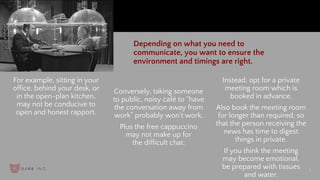 For example, sitting in your
office, behind your desk, or
in the open-plan kitchen,
may not be conducive to
open and honest rapport.
Conversely, taking someone
to public, noisy café to “have
the conversation away from
work” probably won’t work.
Plus the free cappuccino
may not make up for
the difficult chat.
Instead, opt for a private
meeting room which is
booked in advance.
Also book the meeting room
for longer than required, so
that the person receiving the
news has time to digest
things in private.
If you think the meeting
may become emotional,
be prepared with tissues
and water.
xxxxx
Depending on what you need to
communicate, you want to ensure the
environment and timings are right.
7
 