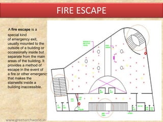 FIRE ESCAPE
A fire escape is a
special kind
of emergency exit,
usually mounted to the
outside of a building or
occasionally inside but
separate from the main
areas of the building. It
provides a method of
escape in the event of
a fire or other emergency
that makes the
stairwells inside a
building inaccessible.
www.greenarchworld.in
 