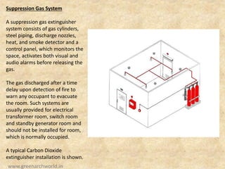 Suppression Gas System
A suppression gas extinguisher
system consists of gas cylinders,
steel piping, discharge nozzles,
heat, and smoke detector and a
control panel, which monitors the
space, activates both visual and
audio alarms before releasing the
gas.
The gas discharged after a time
delay upon detection of fire to
warn any occupant to evacuate
the room. Such systems are
usually provided for electrical
transformer room, switch room
and standby generator room and
should not be installed for room,
which is normally occupied.
A typical Carbon Dioxide
extinguisher installation is shown.
www.greenarchworld.in
 