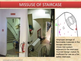 MISSUSE OF STAIRCASE
•Improper storage of
flammable materials in fire
escape staircase.
•Hose reel system
adjacent to the staircase.
•Curved design makes its
inefficient for use as a fire
safety staircase.
www.greenarchworld.in
 