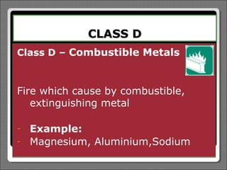 CLASS D
Class D – Combustible Metals



Fire which cause by combustible,
   extinguishing metal

-   Example:
-   Magnesium, Aluminium,Sodium
 