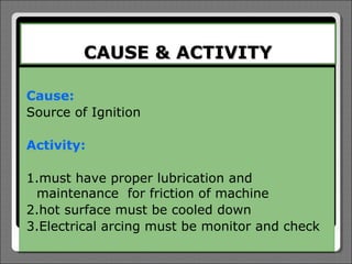 CAUSE & ACTIVITY

Cause:
Source of Ignition

Activity:

1.must have proper lubrication and
 maintenance for friction of machine
2.hot surface must be cooled down
3.Electrical arcing must be monitor and check
 