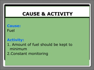 CAUSE & ACTIVITY

Cause:
Fuel

Activity:
1. Amount of fuel should be kept to
 minimum
2.Constant monitoring
 