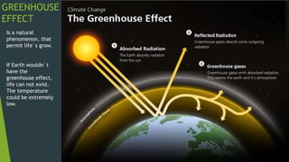 GREENHOUSE
EFFECT
Is a natural
phenomenon, that
permit life´s grow.
If Earth wouldn´t
have the
greenhouse effect,
life can not exist.
The temperature
could be extremely
low.
 