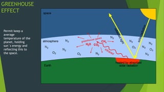 GREENHOUSE
EFFECT
Permit keep a
average
temperature of the
planet, holding
sun´s energy and
reflecting this to
the space.
 