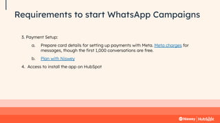 Requirements to start WhatsApp Campaigns
3. Payment Setup:
a. Prepare card details for setting up payments with Meta. Meta charges for
messages, though the ﬁrst 1,000 conversations are free.
b. Plan with Niswey
4. Access to install the app on HubSpot
 