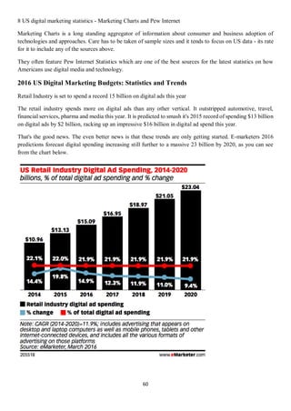 60
8 US digital marketing statistics - Marketing Charts and Pew Internet
Marketing Charts is a long standing aggregator of information about consumer and business adoption of
technologies and approaches. Care has to be taken of sample sizes and it tends to focus on US data - its rate
for it to include any of the sources above.
They often feature Pew Internet Statistics which are one of the best sources for the latest statistics on how
Americans use digital media and technology.
2016 US Digital Marketing Budgets: Statistics and Trends
Retail Industry is set to spend a record 15 billion on digital ads this year
The retail industry spends more on digital ads than any other vertical. It outstripped automotive, travel,
financial services, pharma and media this year. It is predicted to smash it's 2015 record of spending $13 billion
on digital ads by $2 billion, racking up an impressive $16 billion in digital ad spend this year.
That's the good news. The even better news is that these trends are only getting started. E-marketers 2016
predictions forecast digital spending increasing still further to a massive 23 billion by 2020, as you can see
from the chart below.
 