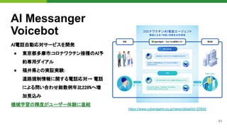 43
AI Messanger
Voicebot
AI電話自動応対サービスを開発 
● 東京都多摩市:コロナワクチン接種のAI予
約専用ダイアル 
● 福井県との実証実験: 
道路規制情報に関する電話応対→ 電話
による問い合わせ総数例年比228%へ増
加見込み 
機械学習の精度がユーザー体験に直結 
https://www.cyberagent.co.jp/news/detail/id=25849
 