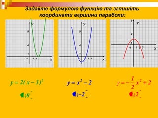 Х
У
1
1
4
9
2 3-1 Х
У
1
1
4
9
2 3-1
2 Х1
1
4
9
3-1
У
Задайте формулою функцію та запишіть
координати вершини параболи:
2
)3x(2y
0;3
2xy 2
2;0
2x
2
1
y 2
2;0
 