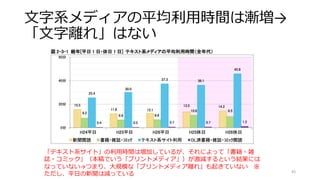 文字系メディアの平均利用時間は漸増→
「文字離れ」はない
43
「テキスト系サイト」の利用時間は増加しているが、それによって「書籍・雑
誌・コミック」（本稿でいう「プリントメディア」）が激減するという結果には
なっていない→つまり、大規模な「プリントメディア離れ」も起きていない ※
ただし、平日の新聞は減っている
 