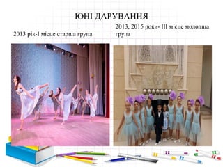 ЮНІ ДАРУВАННЯ
2013 рік-І місце старша група
2013, 2015 роки- ІІІ місце молодша
група
 