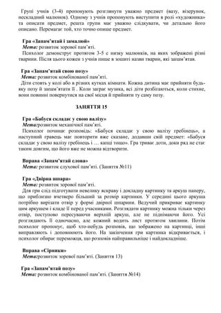 Групі учнів (3-4) пропонують розглянути уважно предмет (вазу, візерунок,
нескладний малюнок). Одному з учнів пропонують виступити в ролі «художника»
та описати предмет, решта групи має уважно слідкувати, чи детально його
описано. Перемагає той, хто точно опише предмет.
Гра «Запам’ятай і замалюй»
Мета: розвиток зорової пам’яті.
Психолог демонструє протягом 3-5 с низку малюнків, на яких зображені різні
тварини. Після цього кожен з учнів пише в зошиті назви тварин, які запам’ятав.
Гра «Запам’ятай свою позу»
Мета: розвиток комбінованої пам’яті.
Діти стоять у колі або в різних кутках кімнати. Кожна дитина має прийняти будь-
яку позу й запам’ятати її . Коли заграє музика, всі діти розбігаються, коли стихне,
вони повинні повернутися на свої місця й прийняти ту саму позу.
ЗАНЯТТЯ 15
Гра «Бабуся складає у свою валізу»
Мета:розвиток механічної пам’яті.
Психолог починає розповідь: «Бабуся складає у свою валізу гребінець», а
наступний гравець має повторити вже сказане, додавши свій предмет: «Бабуся
складає у свою валізу гребінець і … капці тощо». Гра триває доти, доки ряд не стає
таким довгим, що його вже не можна відтворити.
Вправа «Запам’ятай слова»
Мета: розвиток слухової пам’яті. (Заняття №11)
Гра «Двірна шпара»
Мета: розвиток зорової пам’яті.
Для гри слід підготувати невелику яскраву і докладну картинку та аркуш паперу,
що приблизно вчетверо більший за розмір картинки. У середині цього аркуша
потрібно вирізати отвір у формі двірної шпарини. Ведучий прикриває картинку
цим аркушем і кладе її перед учасниками. Розглядати картинку можна тільки через
отвір, поступово пересуваючи верхній аркуш, але не піднімаючи його. Усі
розглядають її одночасно, але кожний водить лист протягом хвилини. Потім
психолог пропонує, щоб хто-небудь розповів, що зображено на картинці, інші
виправляють і доповнюють його. На закінчення гри картинка відкривається, і
психолог обирає переможця, що розповів найправильніше і найдокладніше.
Вправа «Сірники»
Мета:розвиток зорової пам’яті. (Заняття 13)
Гра «Запам’ятай позу»
Мета: розвиток комбінованої пам’яті. (Заняття №14)
 