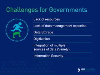 Lack of resources
Lack of data management expertise
Data Storage
Digitization
Integration of multiple
sources of data (Variety)
Information Security
 