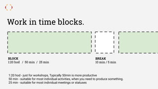 Work in time blocks.
BLOCK
1:20 hod / 50 min / 25 min
BREAK
10 min / 5 min
1:20 hod - just for workshops, Typically 50min is more productive
50 min - suitable for most individual activities, when you need to produce something.
25 min - suitable for most individual meetings or statuses
 