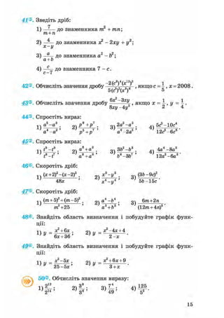 41®. Зведіть дріб:
7 2
1) —-— до знаменника тп + тп;
т+п
2) —— до знаменника ж2 - 2ху + у2;
х-у
3) —— до знаменника а2 -Ь2;
а+Ь
4) — д о знаменника 7 - е .
с-7
-2(c3)U^2)2 і
42®. Обчисліть значення дробу —Ц^-Ц-г-. якщо с = -,х = 2008.
5 ( с ) ( х ) 5
43®. Обчисліть значення дробу ^ ^ху я к щ . 0 х _ 1 „ _ 1
— Ъху-Ау 2 4
44®. Спростіть вираз:
іч Д5-Д3 . оч Р9 + / . оч 2а2 -а3 . ,, 5cs -10c4
а 4 - а 2 Р +Р а -2а5 12с3-бс6
45®. Спростіть вираз:
Q4 а6 + а3 . 3b2-b3 . 4a4 -8a3
A V - t 7 ' a9 +a6 ' V - 3 6 7 ' 12a2 -6a3
46©. Скоротіть дріб:
(*+2)2 -(*-2)2 . 2 ) * 3 - y 3 . 3 ) (3b-9c)2
48* ' XІ-Y* 5 6 - 1 5 c '
47©. Скоротіть дріб:
1 . (m + 5)2 + (m-5)2 . g 4 - 6 4 . оч 6m+2га
' m2+25 ' a3 + 63 '  l 2 m + 4ra)2'
48®. Знайдіть область визначення і побудуйте графік функ-
ції:
1) у = + ; 2) у =^-4х + 4
бх + Зб' 2 - х
49©. Знайдіть область визначення і побудуйте графік функ-
ції:
іч „ _ х?-Ьх . оч „ - х2 + 6х + 9
25^5х' 3 •
/ Л 50®. Обчисліть значення виразу:
2 ) | і ; 3 ) І 1 ; 4 ) f > .
15
 