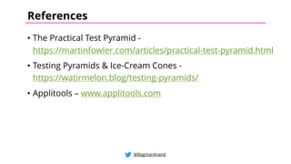 • The Practical Test Pyramid -
https://martinfowler.com/articles/practical-test-pyramid.html
• Testing Pyramids & Ice-Cream Cones -
https://watirmelon.blog/testing-pyramids/
• Applitools – www.applitools.com
@BagmarAnand
References
 