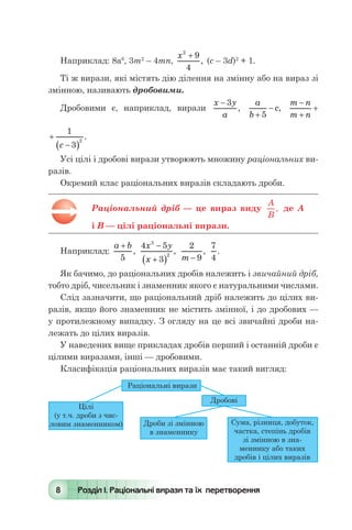 8 Розділ І. Раціональні вирази та їх перетворення
Наприклад: 8а6
, 3m2
– 4тп,
x2
9
4
+
, (с – 3d)2
+ 1.
Ті ж вирази, які містять дію ділення на змінну або на вираз зі
змінною, називають дробовими.
Дробовими є, наприклад, вирази
x y
a
- 3
,
a
b +
-
5
c,
m n
m n c
-
+
+
-( )
1
3
2
.
m n
m n c
-
+
+
-( )
1
3
2
.
Усі цілі і дробові вирази утворюють множину раціональних ви-
разів.
Окремий клас раціональних виразів складають дроби.
Раціональний дріб — це вираз виду
A
B
, де А
і В — цілі раціональні вирази.
Наприклад:
a b+
5
,
4 5
3
3
2
x y
x
-
+( )
,
2
9m -
,
7
4
.
Як бачимо, до раціональних дробів належить і звичайний дріб,
тобто дріб, чисельник і знаменник якого є натуральними числами.
Слід зазначити, що раціональний дріб належить до цілих ви-
разів, якщо його знаменник не містить змінної, і до дробових —
у протилежному випадку. З огляду на це всі звичайні дроби на-
лежать до цілих виразів.
У наведених вище прикладах дробів перший і останній дроби є
цілими виразами, інші — дробовими.
Класифікація раціональних виразів має такий вигляд:
	
 