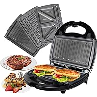 OZAVO 3 en 1 Sandwich Grill, Sandwitch Toaster, Croque Gaufre, Appareil à Croque-monsieur en Acier Inoxydable, 750W, Noir