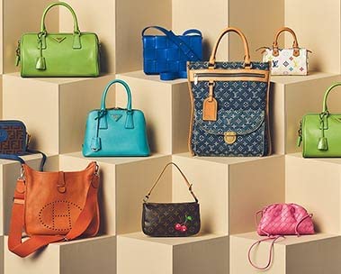 Assorted pre-owned designer handbags displayed side-by-side